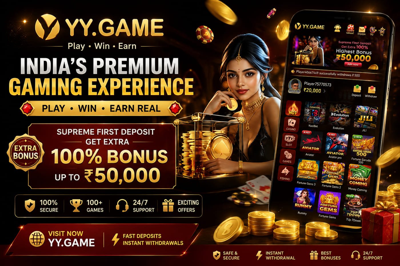 YY Game official banner — India's premium gaming experience with 100% first deposit bonus up to ₹50,000, 100% secure, 100+ games, 24/7 support and instant withdrawals